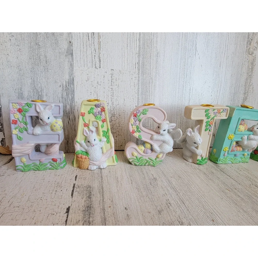 Easter‎ monogram ceramic candlestick holder bunny rabbit set spring home decor